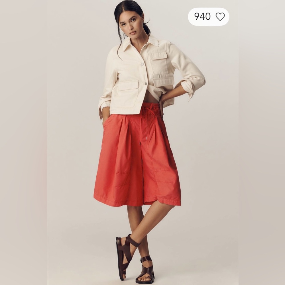 Anthropologie Ruched Poplin Gaucho Pants in Bright Hibiscus - Picture 3 of 5